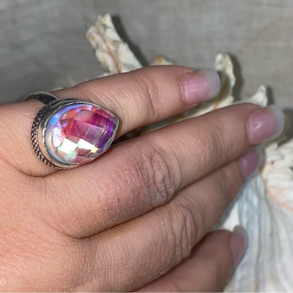Sale * Mystic Rainbow Topaz vintage teardrop ring - Picture 8 of 12